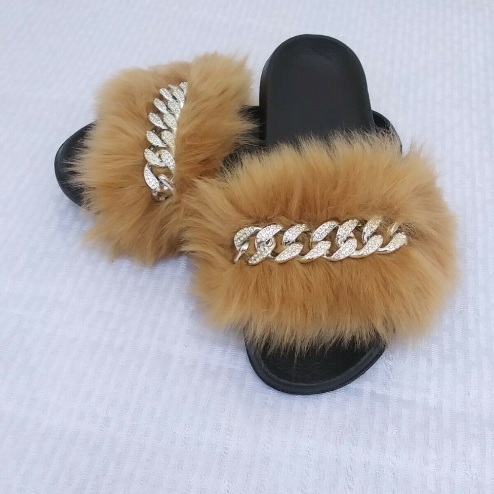 Brown Faux Fur Slides/Slippers/With Chain - Picture 2 of 9